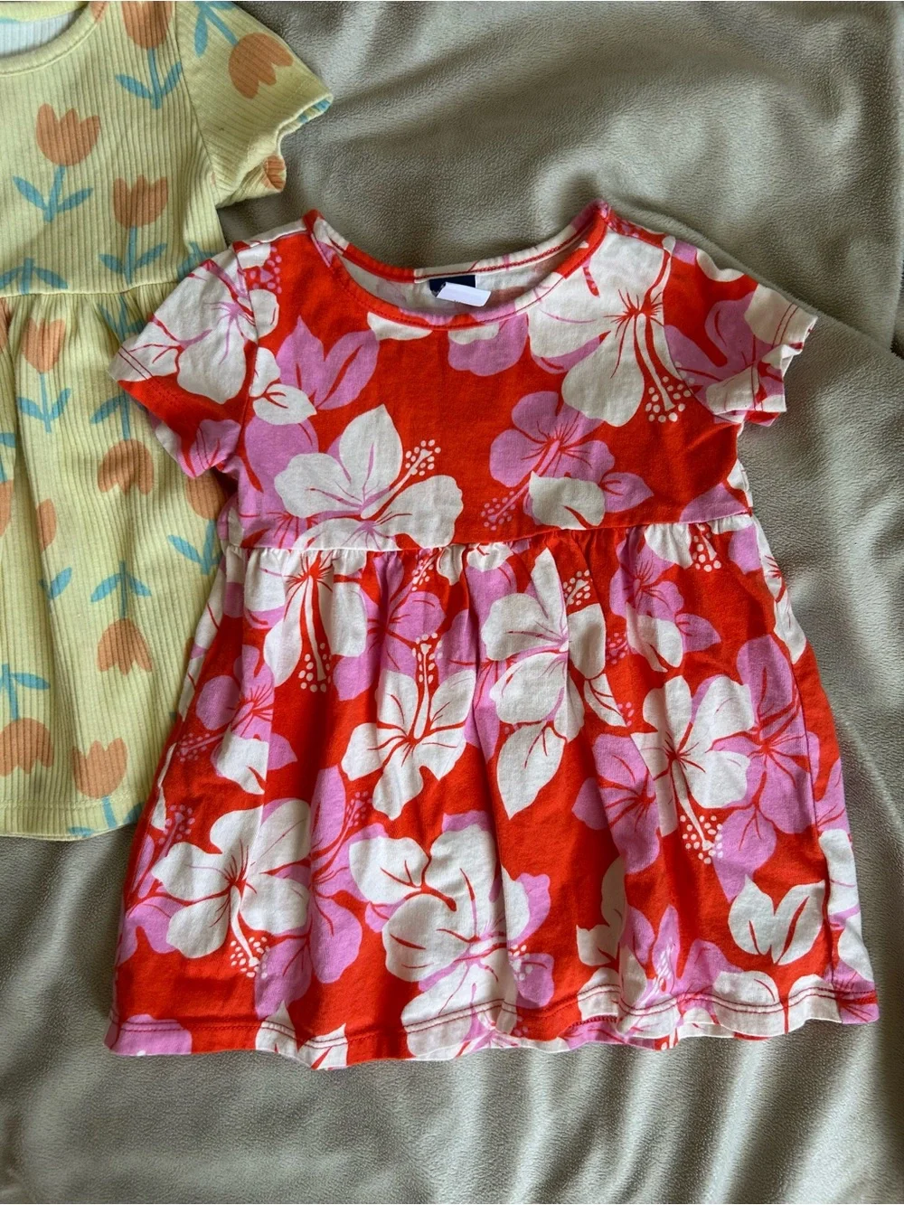Old Navy Girls Yellow Tulip Ribbed & Pink Floral Short-Sleeve Dresses 12-18 MOS